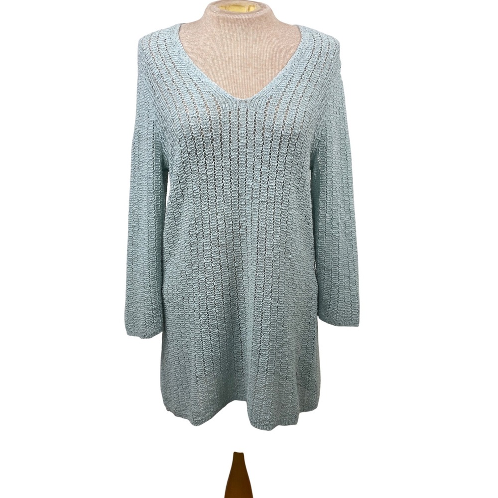 J Jill Light‎ Blue Crochet Knit V Neck Long Sleeve Sweater Size S